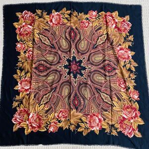 Amazing Black & Multicolor Scarf Made In Italy 100% Polyester Wrap Fringe Ends